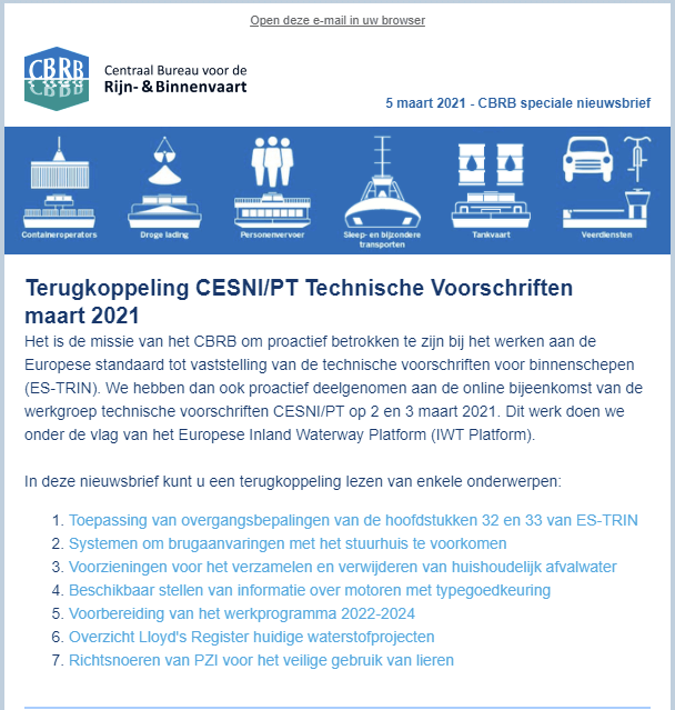 CBRB Nieuwsbrief - Terugkoppeling CESNI/PT Technische Voorschriften maart 2021